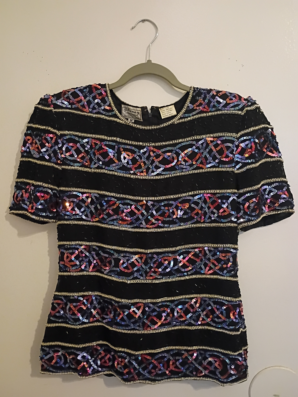 Stenay Women's Silk‎ Black Short Sleeve Sequin Stripe Top Sz M